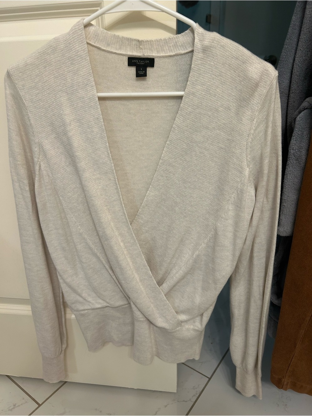 Ann Taylor Light Cream Wrap-Front V-Neck Sweater